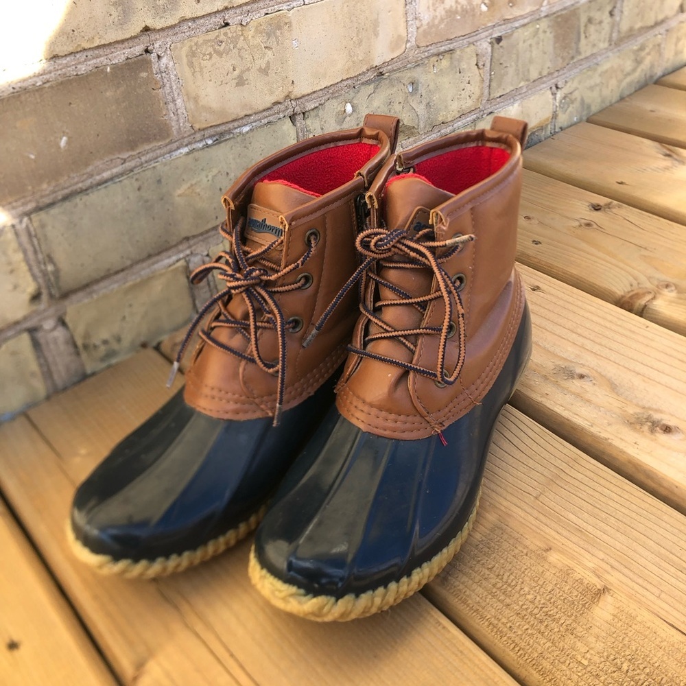 Waterproof Duck Boots in Brown & Black with Red Lining